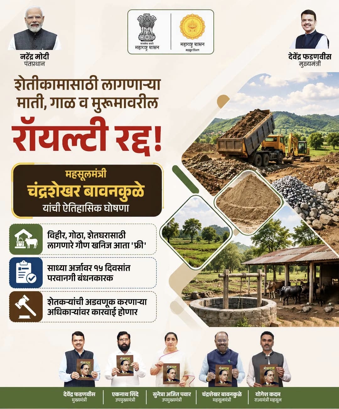 शेतीकामांसाठी गौण खनिजांवरील रॉयल्टी माफ महसूल मंत्री यांची ऐतिहासिक घोषणा